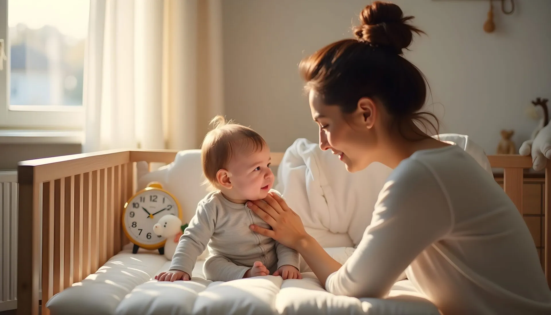 Mum comforting her tired 8-month-old experiencing sleep regression