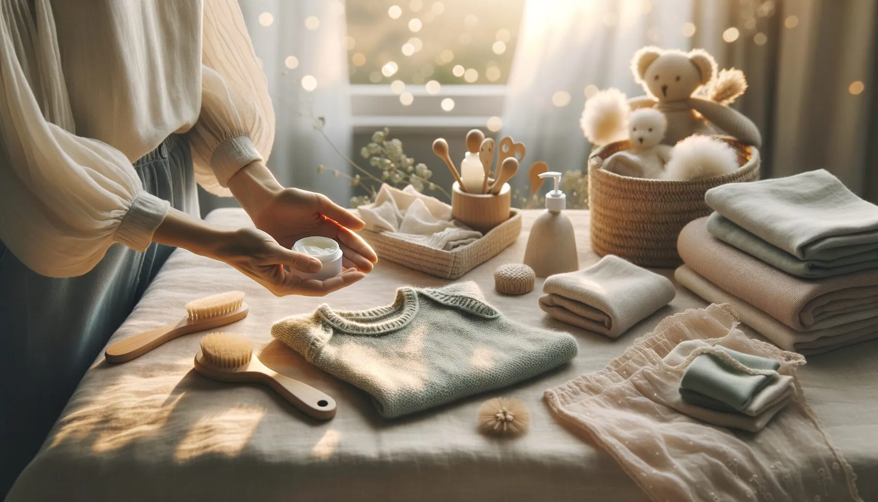 baby eczema remedies with cream, wooden brush, muslin cloths in cozy nursery