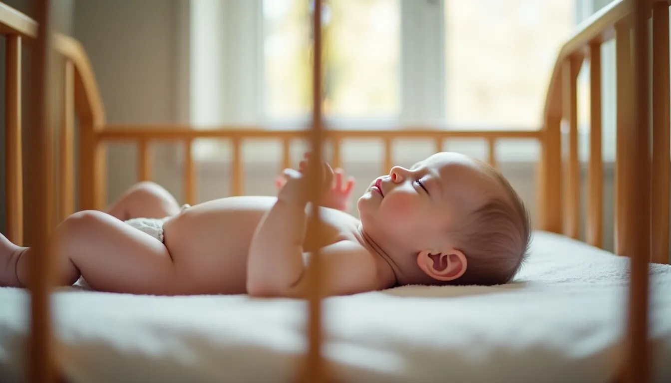 5-month-old baby sleeping safely in cot after rolling over