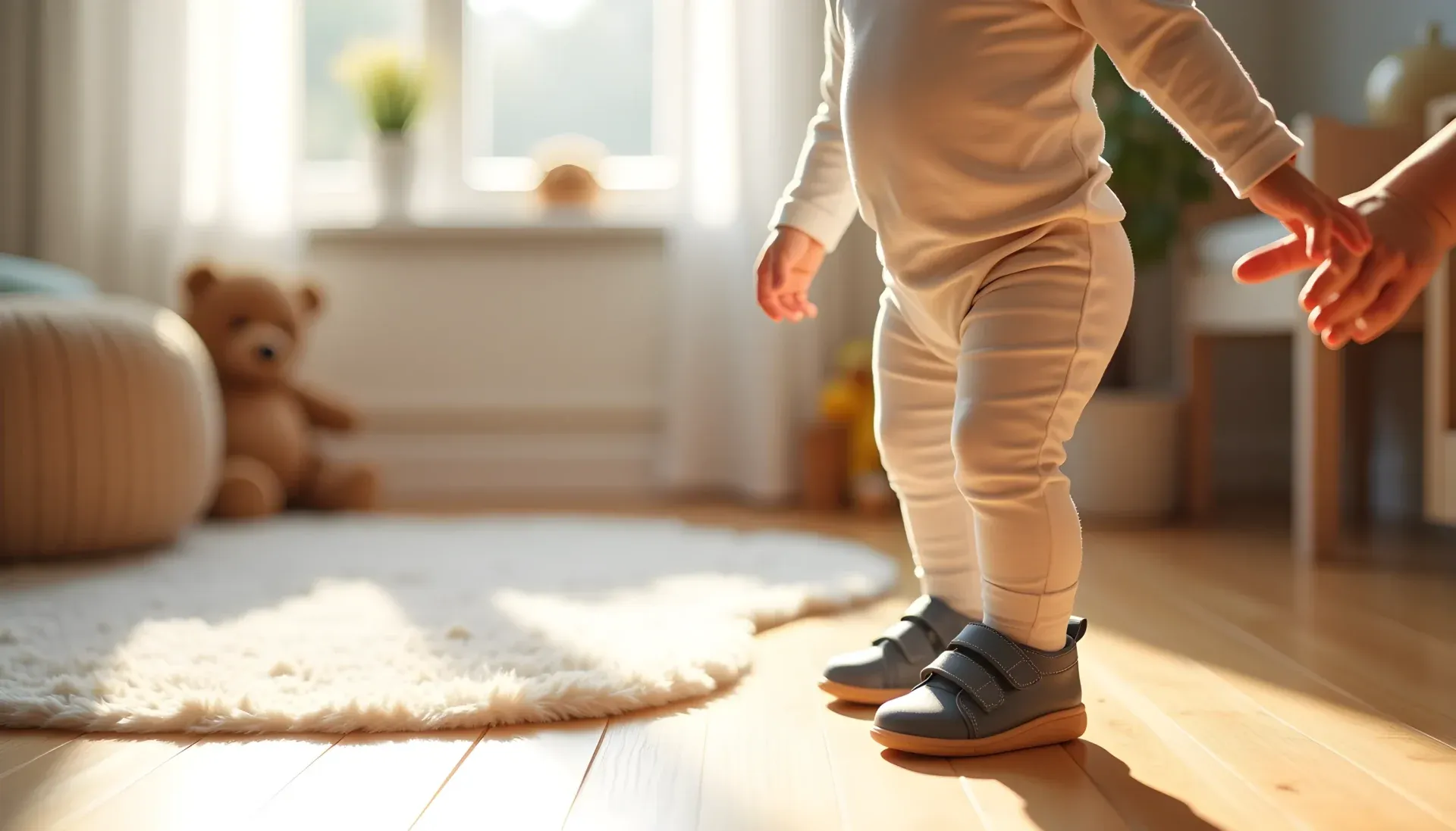 Toddler taking first steps in flexible walking shoes on wooden floor