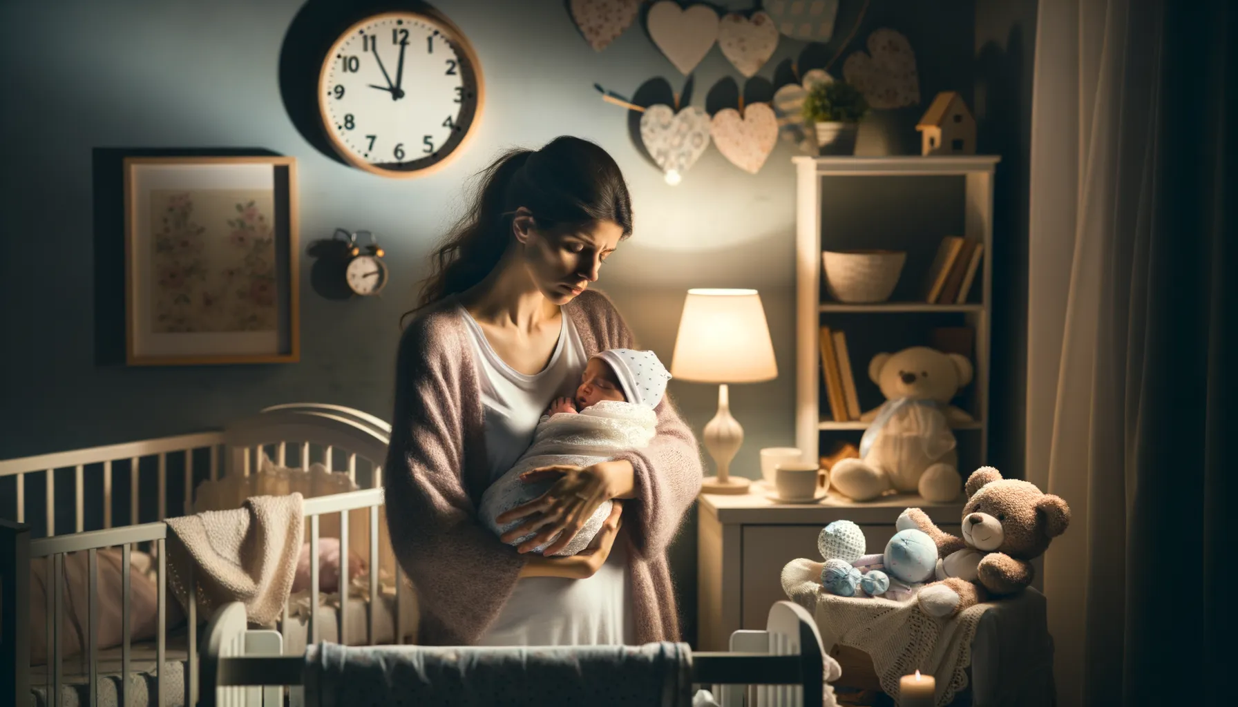 Parent holding a newborn baby in a calm nursery during a quiet moment
