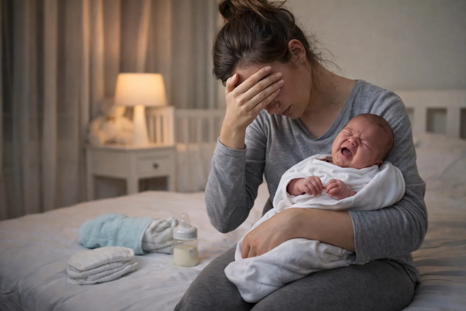 Exhausted mother holding a crying newborn at night, illustrating common newborn sleep struggles