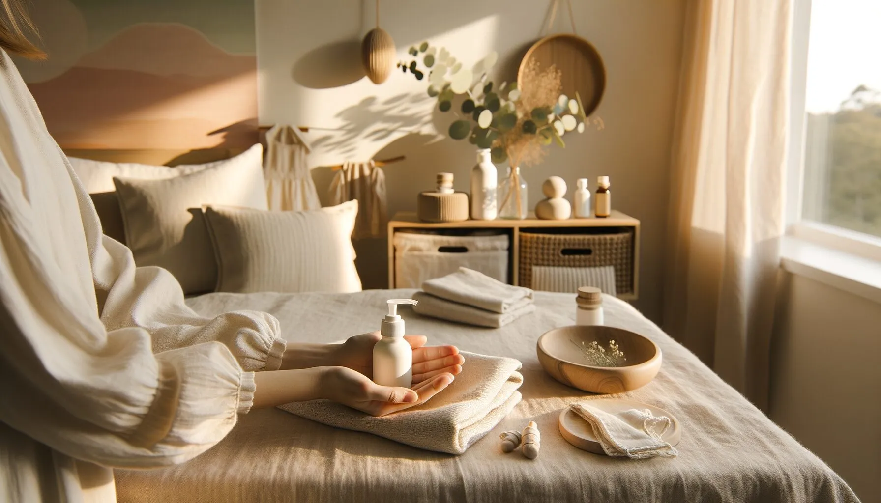 parent's hands massaging gentle lotion for newborn skin peeling