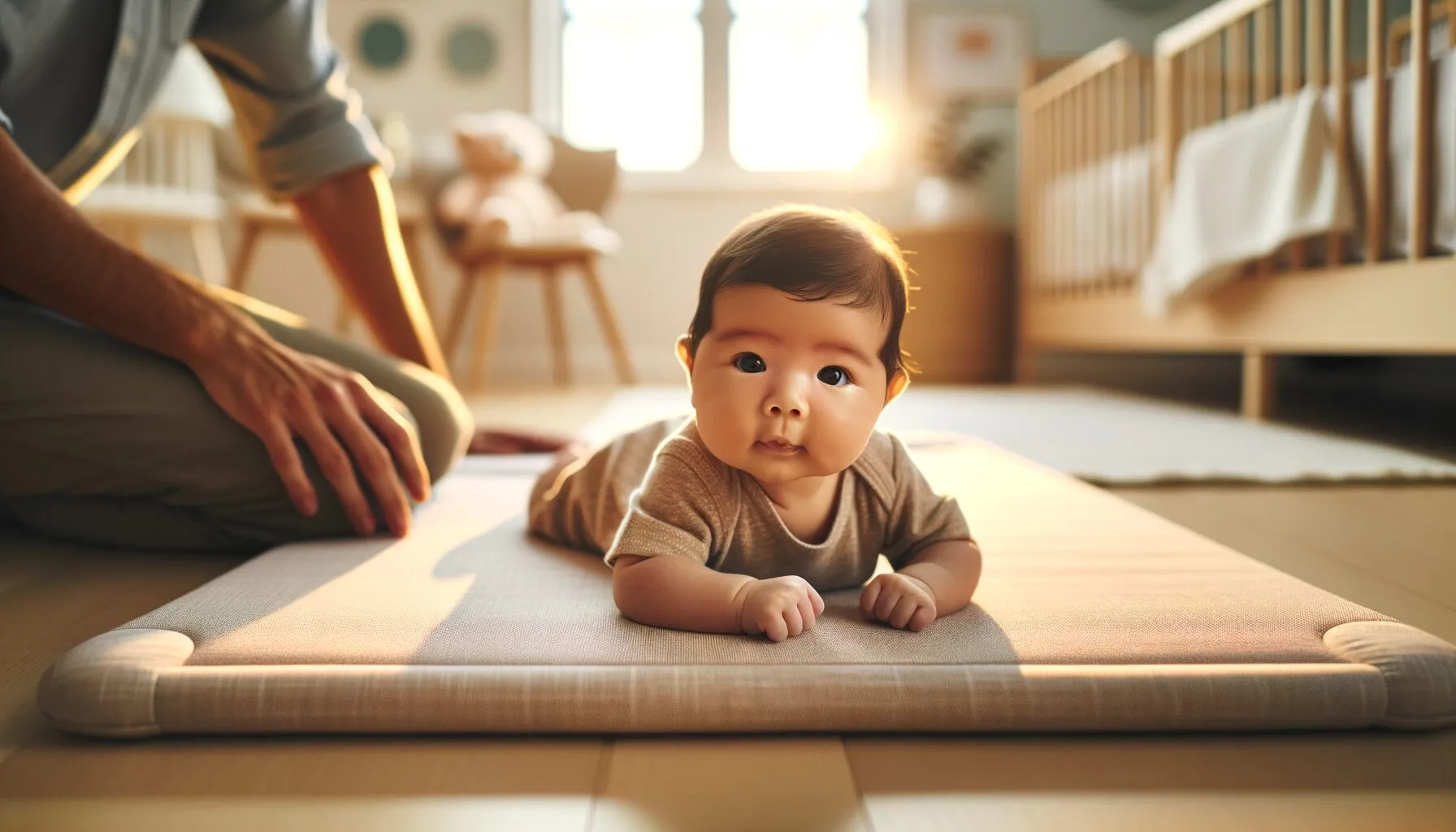 Newborn baby doing tummy time on a soft play mat, lifting head with curious expression