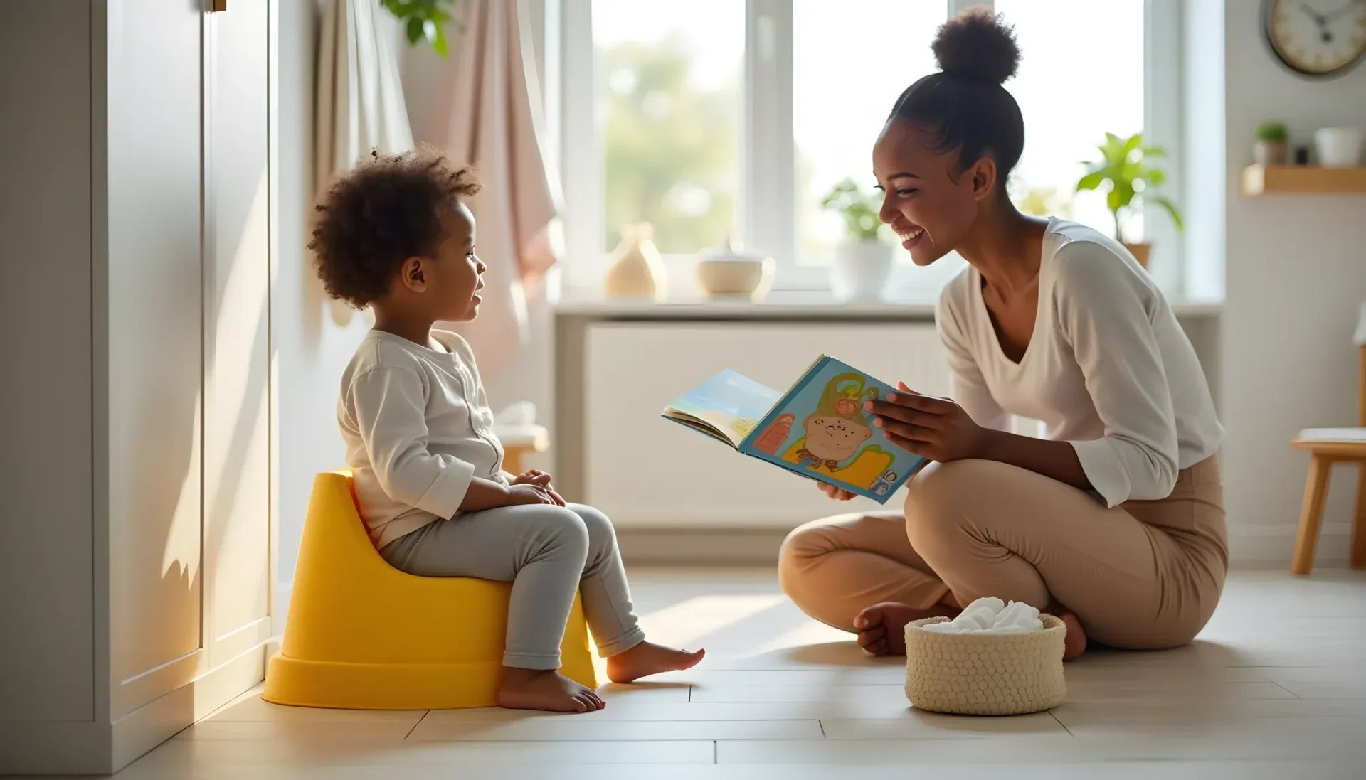 Parent encouraging toddler on potty chair during training